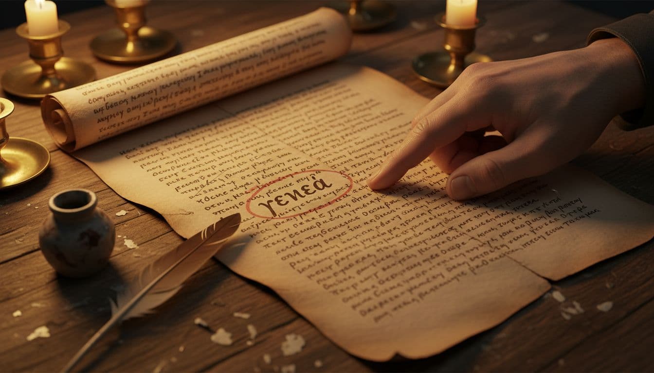 Parchment New Testament manuscript unrolled on wooden desk, 'γενεά' circled and pointed by hand, quill and inkwell beside candlelight.