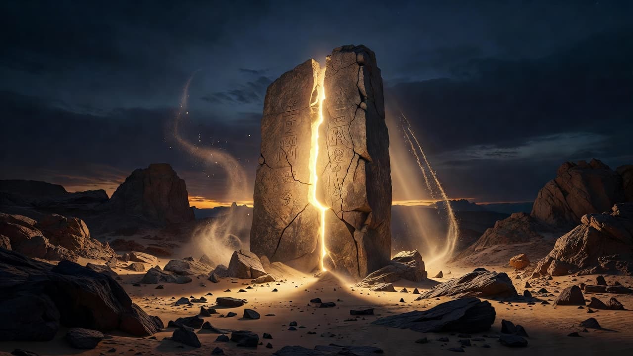A cracked stone pillar stands in a barren, rocky wasteland during twilight hours. An ethereal, bright light pours from the fissures, illuminating floating dust motes within the dark, expansive desert landscape.