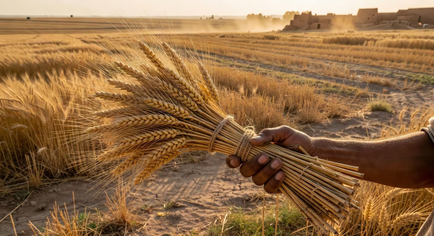 A sun-drenched hand firmly holds a dense bundle of ripe, golden wheat stalks against a blurred field. The warm sunlight highlights the intricate textures of the grain and dry husks.