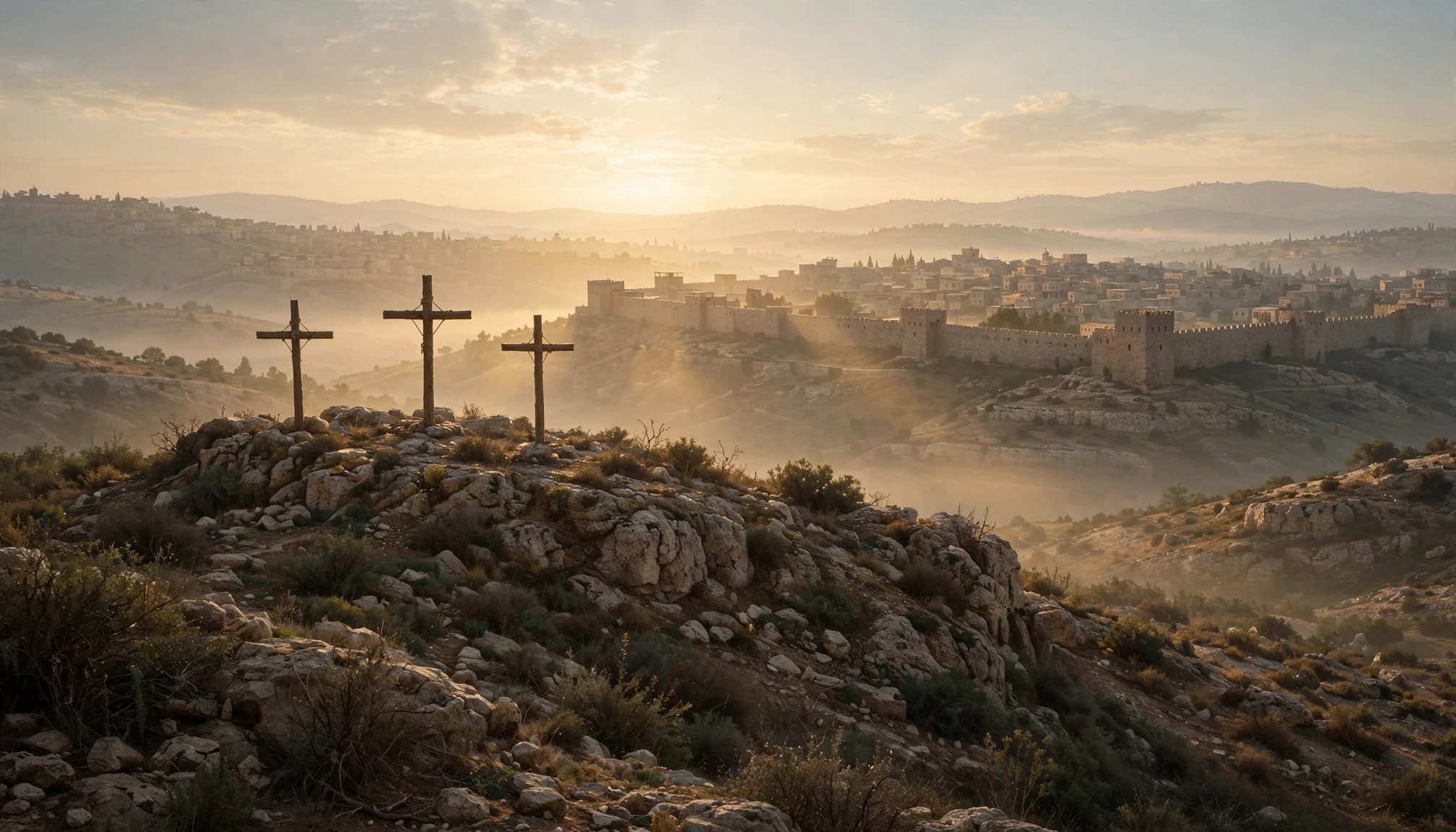 Three wooden crosses stand on a rocky hill with Jerusalem's walls in the distance.