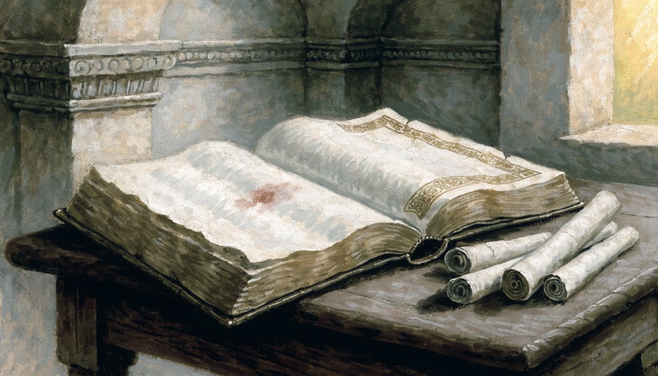 An open manuscript and three scrolls rest on a wooden table in front of stone architecture.