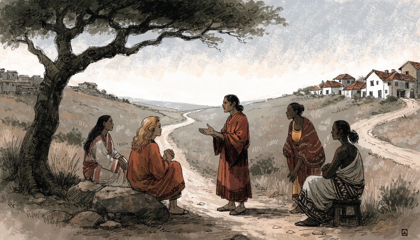 An illustrated scene of five diverse adults conversing beneath a large tree on a hillside path.