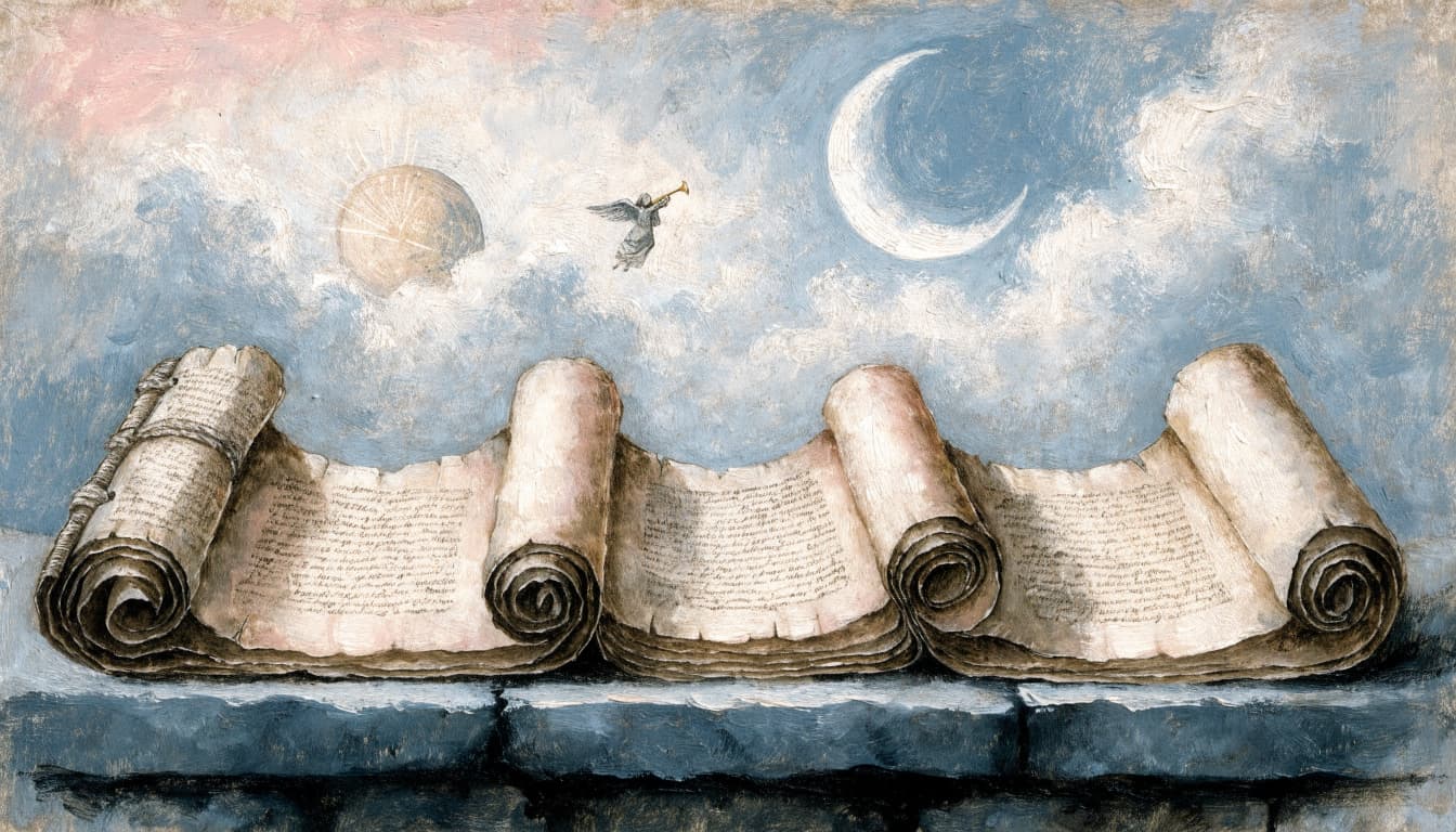 Three open ancient scrolls rest on a stone ledge beneath a painted sky with a sun, moon, and small angel.