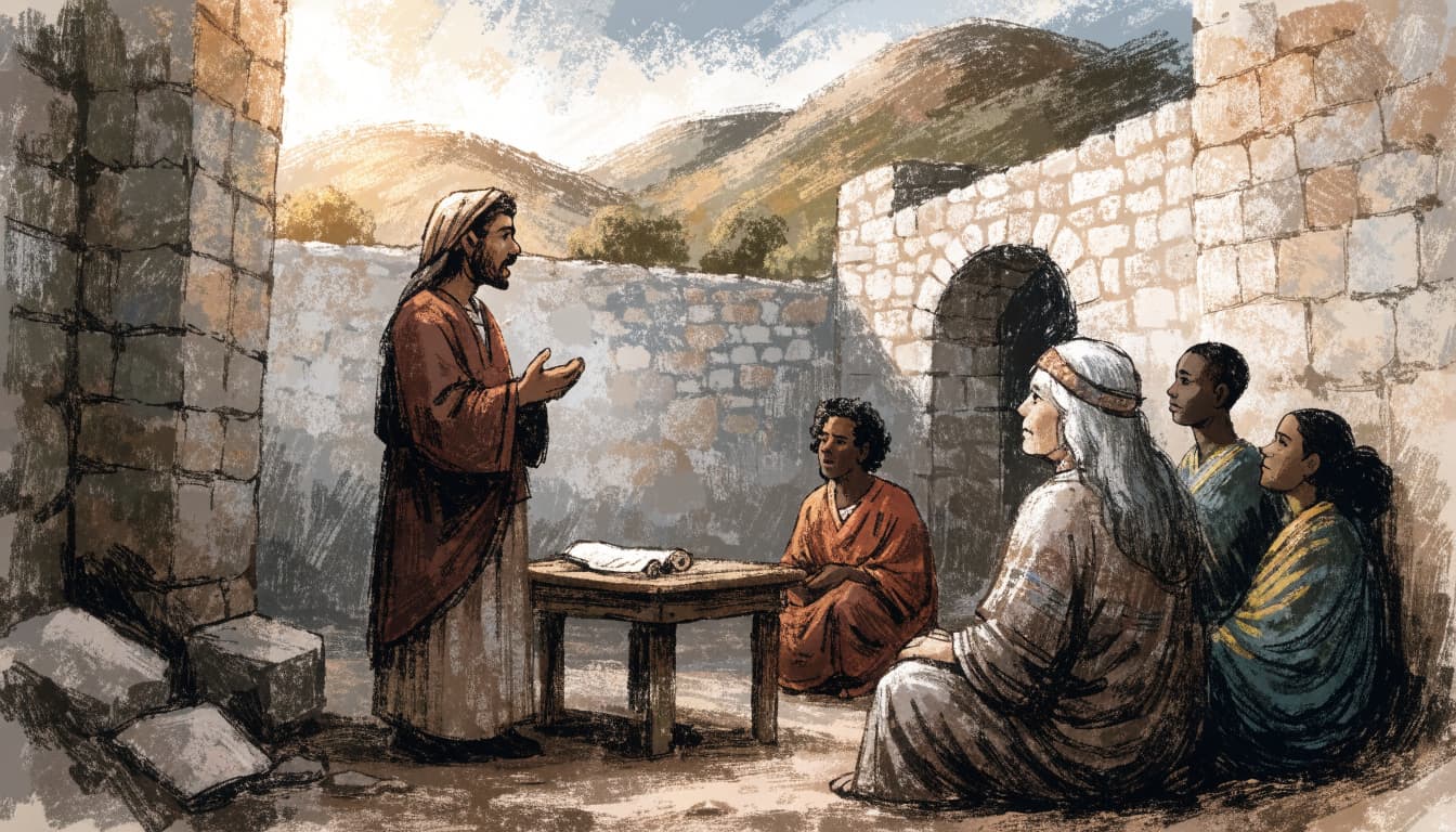 An illustration of five diverse people gathering in an open-air courtyard as one speaks.