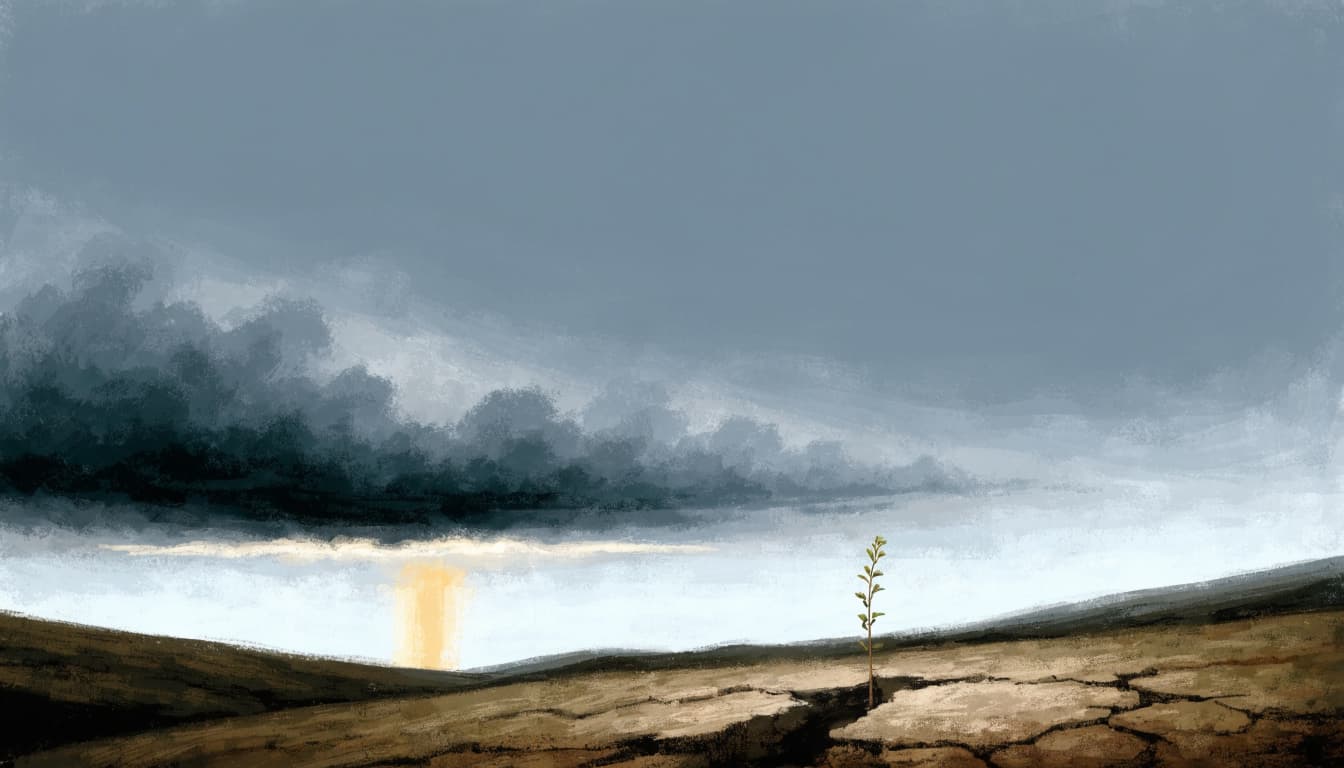 A small green shoot grows from cracked earth beneath a stormy sky with a beam of light.