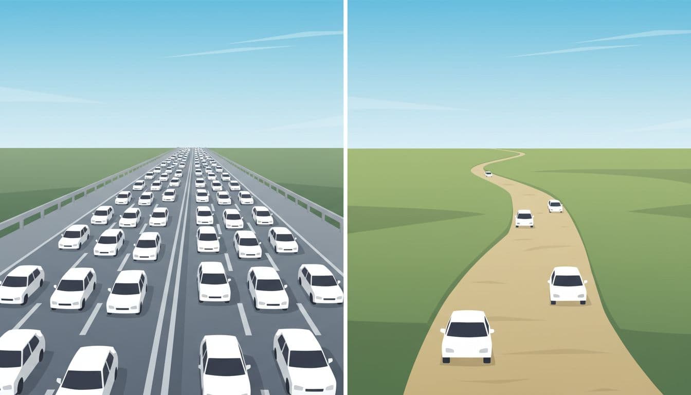 Split-screen infographic contrasting a broad highway with high traffic representing head terms against a narrow path with few targeted cars for long-tail keywords, in clean vector art style.