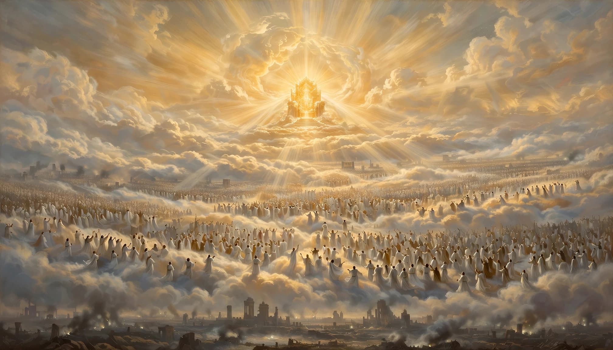 A vast assembly of small figures in white garments worships a radiant golden throne in the clouds.