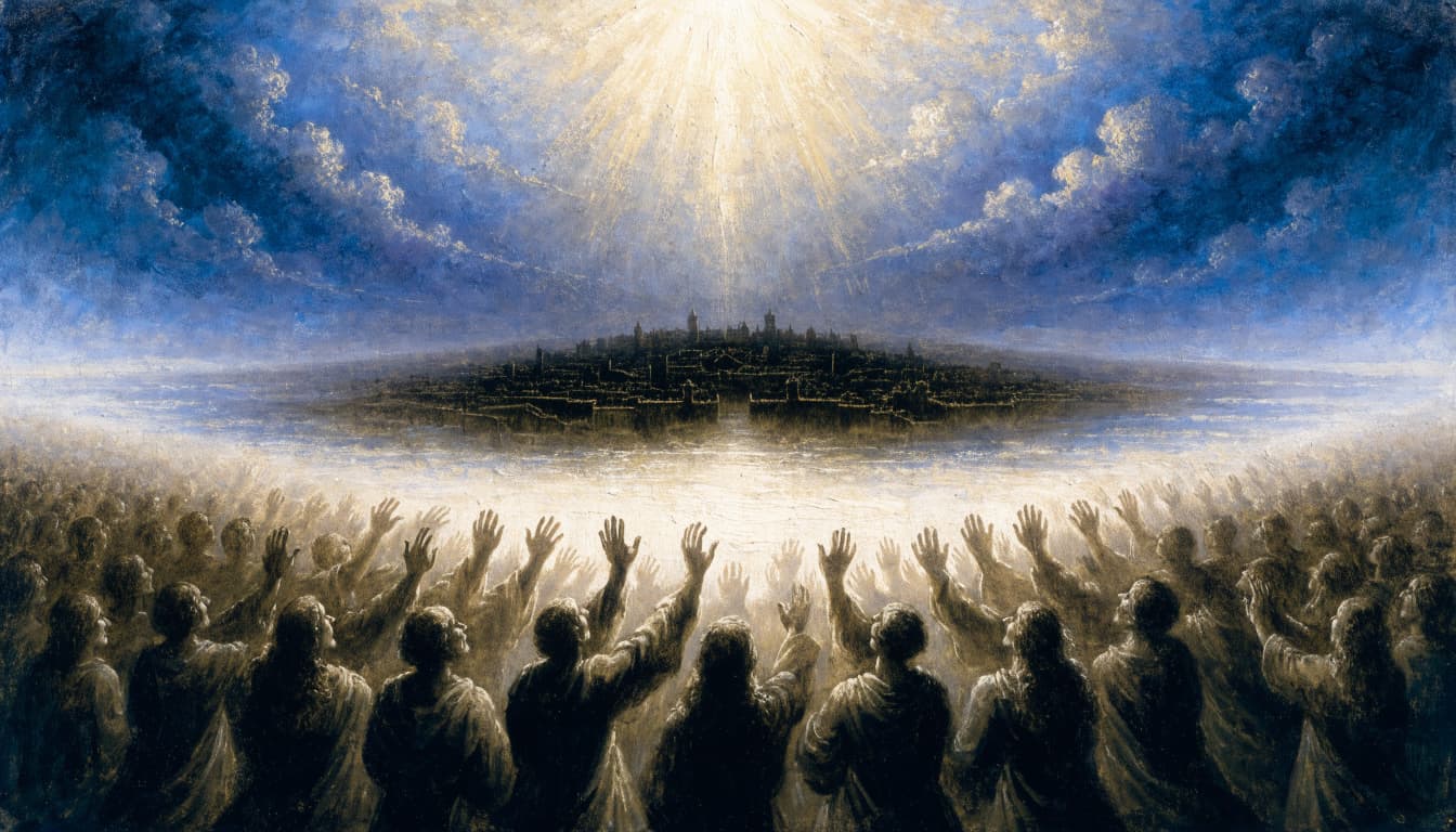 A crowd of people with raised hands looking toward a distant city under a radiant sky.