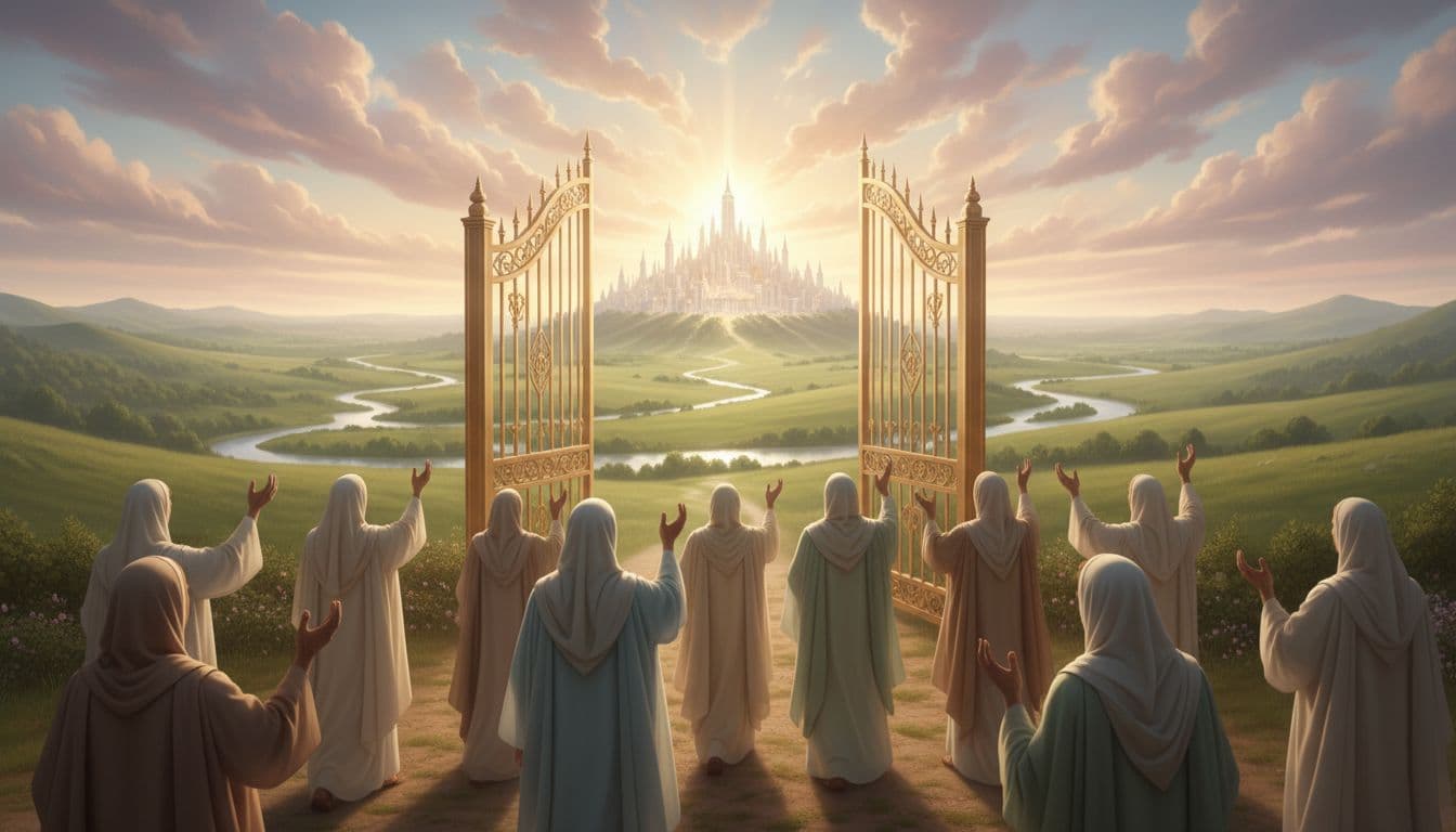Humble pilgrims walking through golden gates toward a radiant city on a hill at dawn, symbolizing present grace and future hope.