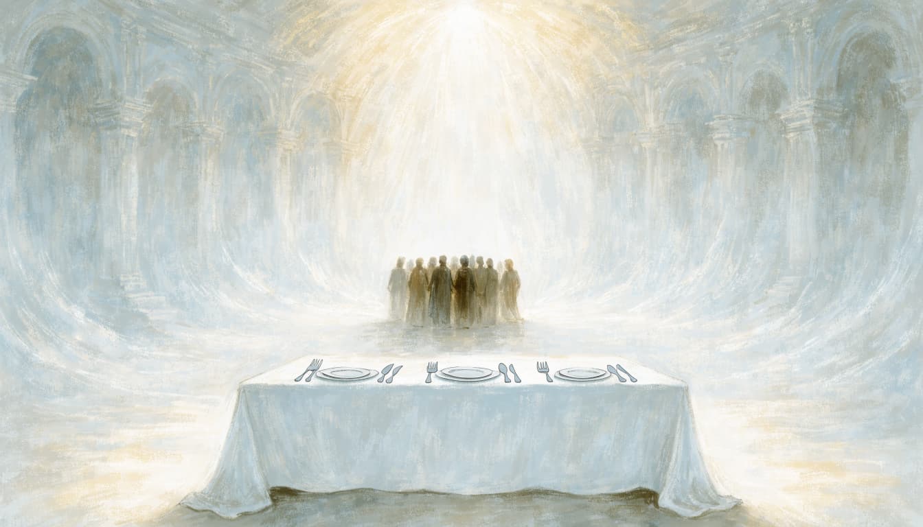 A painterly illustration of a banquet table set with white linen in a luminous hall, with a gathering in the distance.