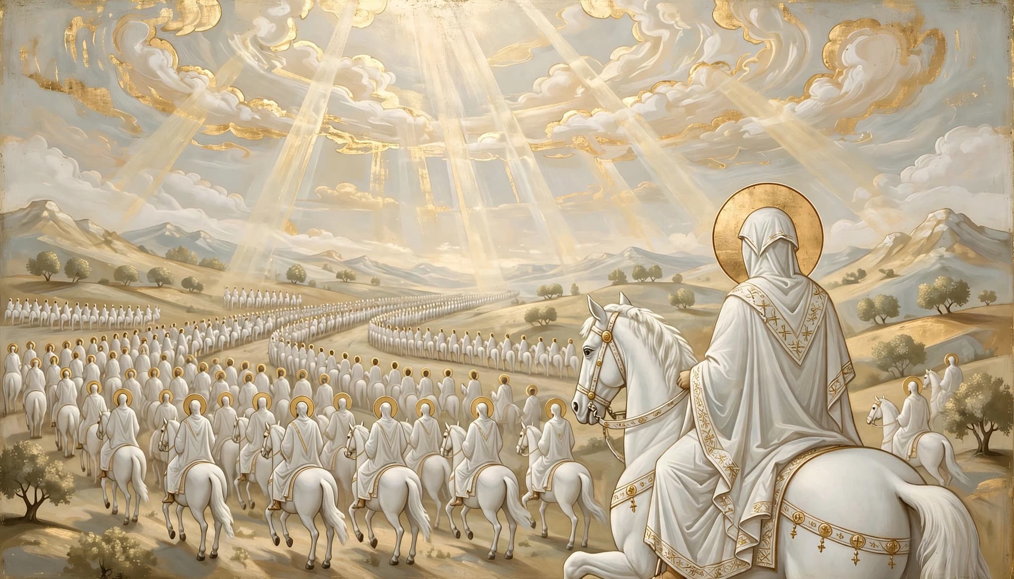A classical icon-style illustration of a rider in white on a white horse leading an army.