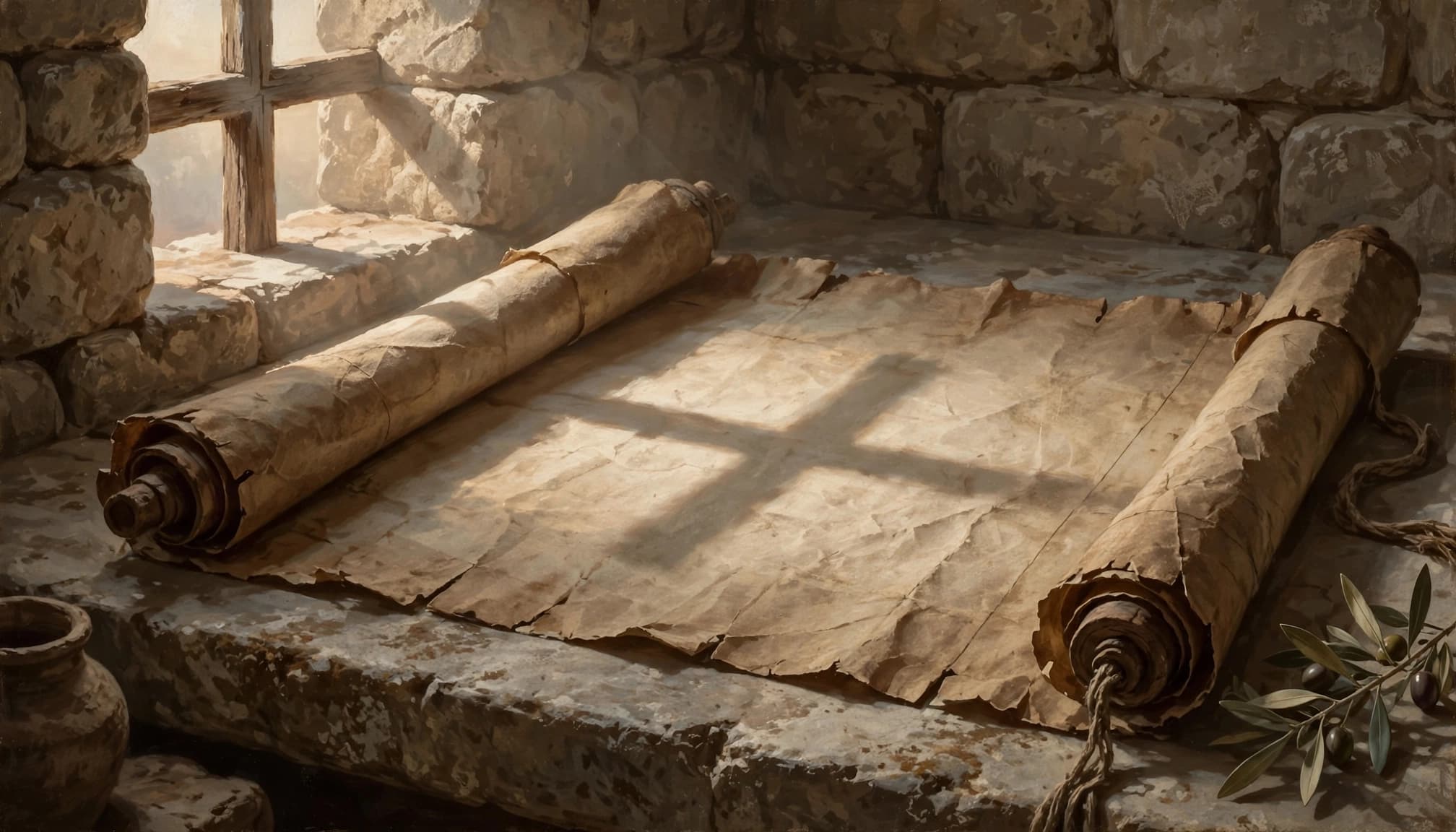 An ancient scroll unfurled on a stone table with a cross-shaped shadow falling across it.