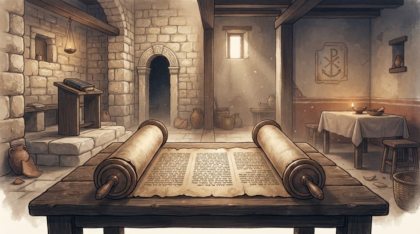 An open scroll with unreadable text rests on a wooden table inside a historic study chamber.