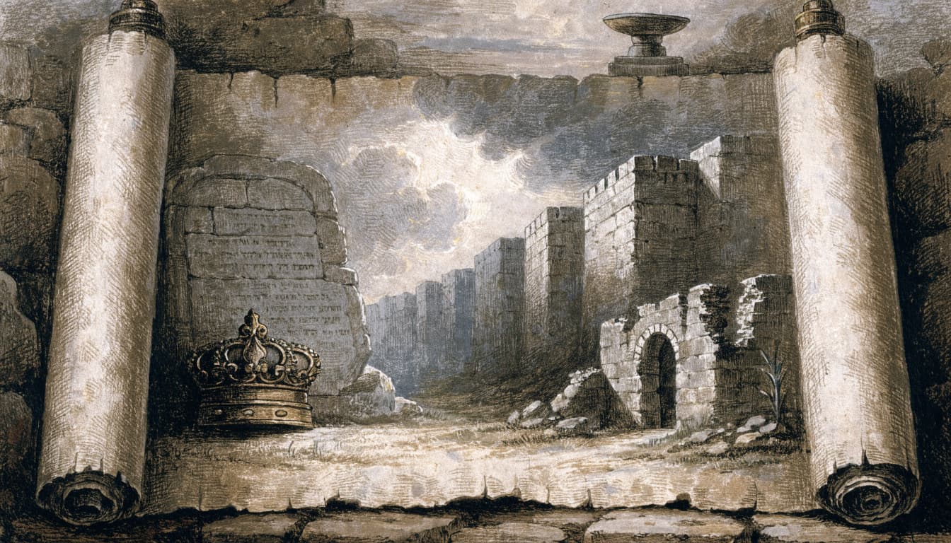 An illustration of an unrolled scroll depicting a stone wall, a crown, and a tablet.