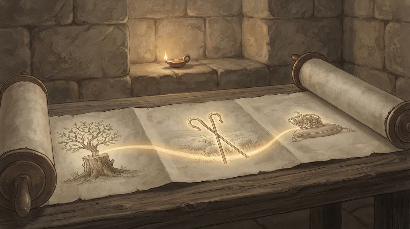 An illustrated scroll on a wooden table with a glowing path connecting a tree stump, shepherd staves, and a crown.