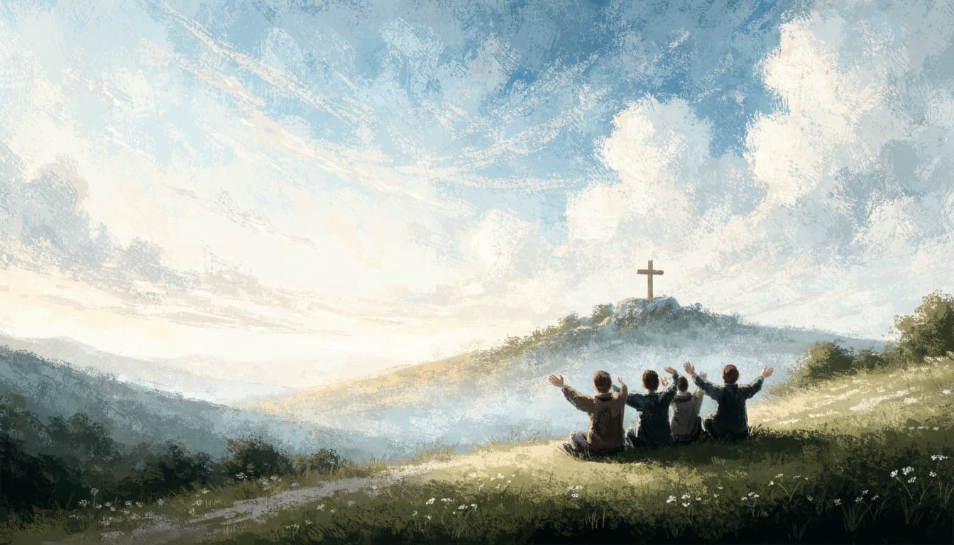 Four people sit on a grassy hillside at sunrise, raising their hands toward a distant cross.