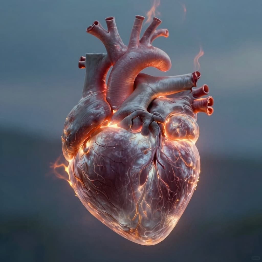 A glowing human heart filled with soft light and surrounded by gentle fire, symbolizing the Holy Spirit as the heart of God. 