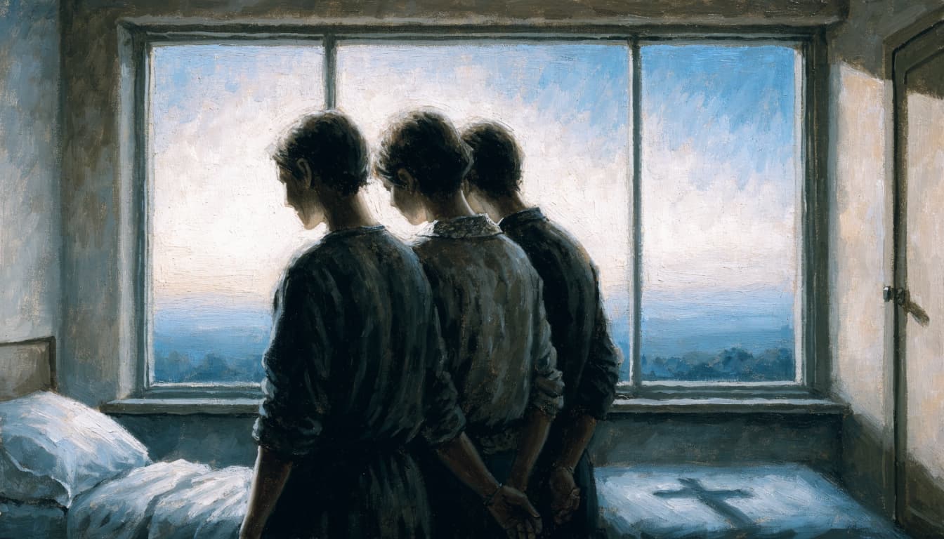 Three people stand together in profile looking out a hospital window at dawn.
