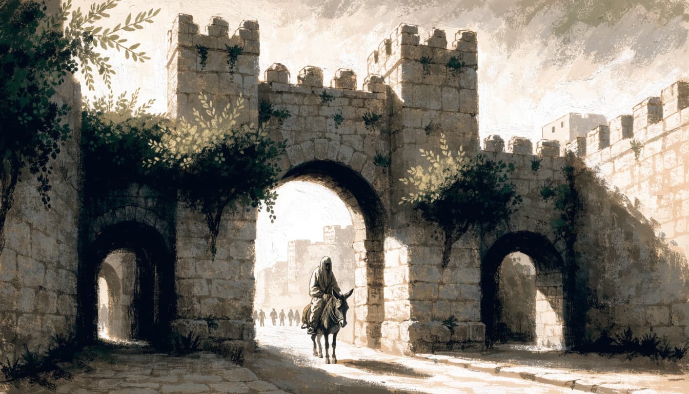 A robed man riding a small donkey through the arched stone gateway of an ancient city.