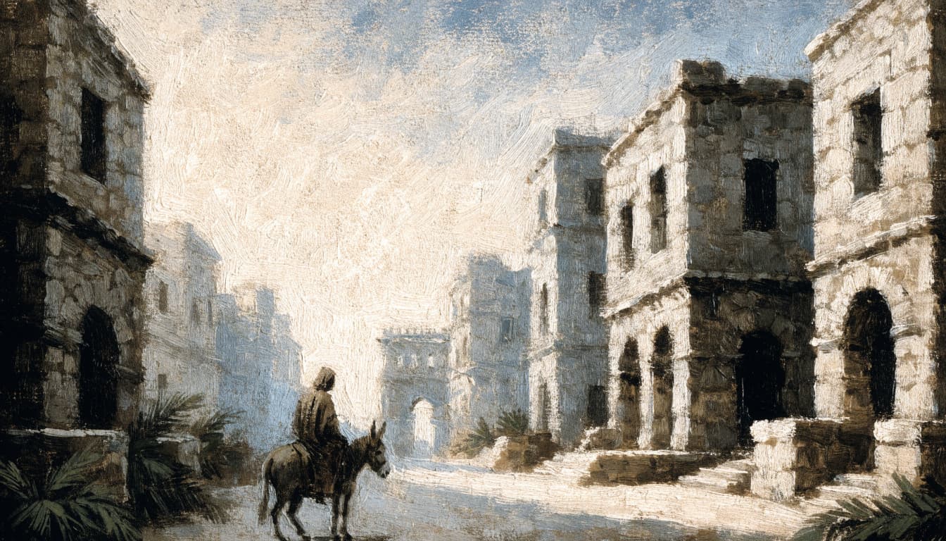 A robed figure on a donkey on a stone street in an ancient city in a painterly style.