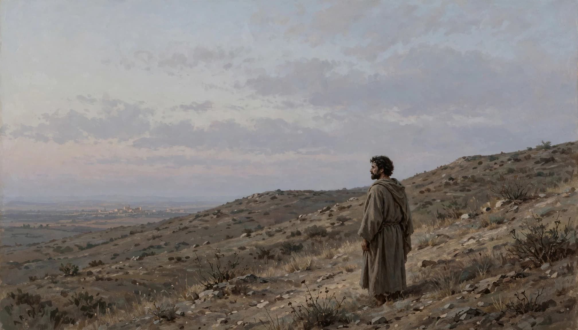 A solitary figure in simple robes stands on a barren hillside at dusk, looking out over a distant landscape.