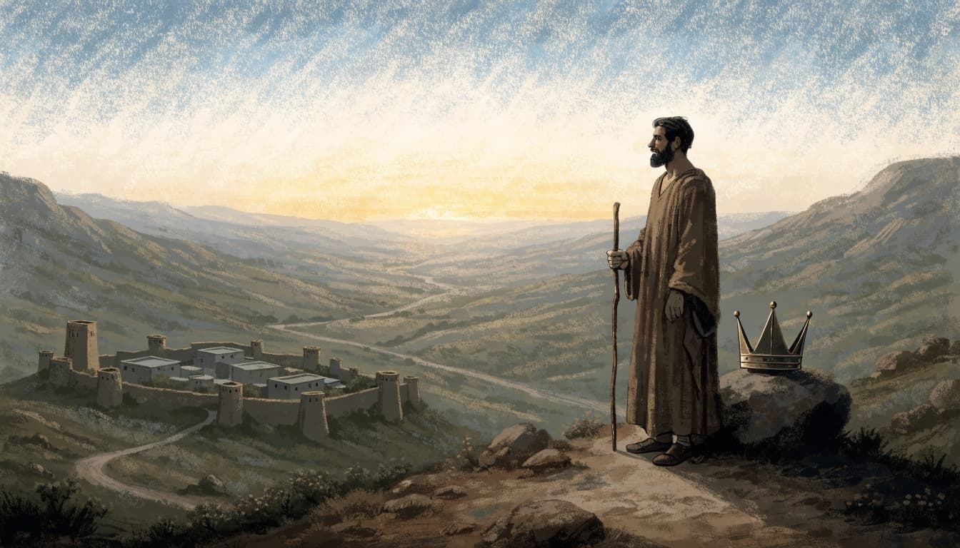 A bearded man in a brown robe holding a staff looks out over a walled village, with a crown resting on a nearby rock.