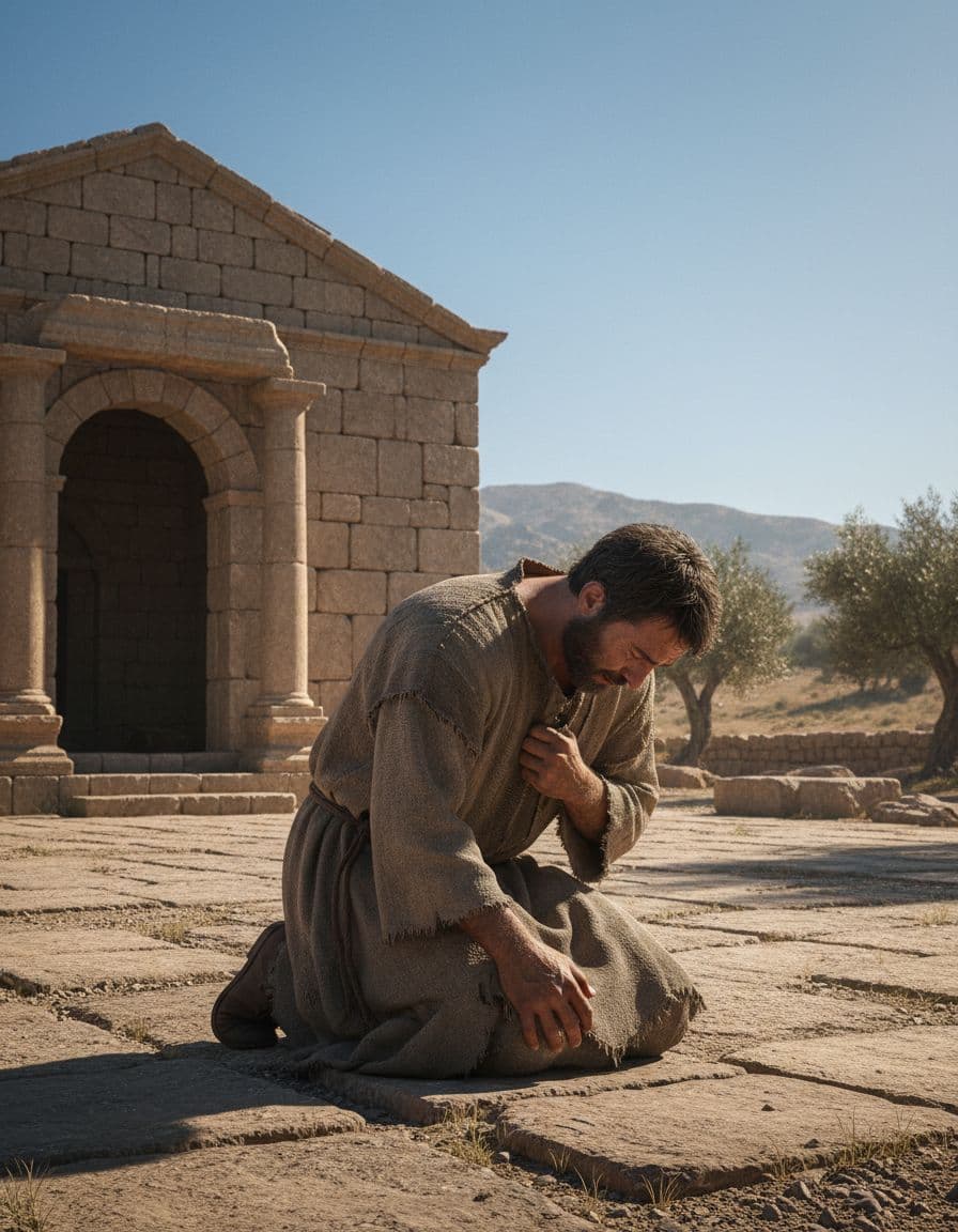 A humble tax collector kneeling in repentance near the temple, hands clasped, head bowed.