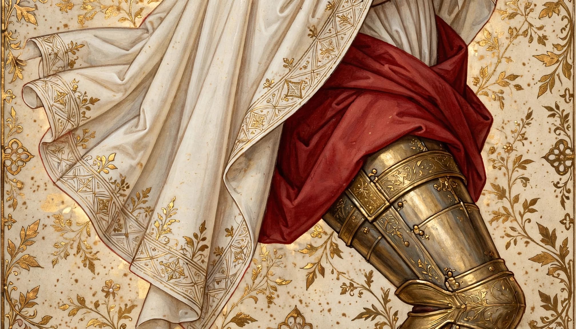 An illuminated manuscript illustration showing an ivory robe, crimson sash, and gold leg armor.