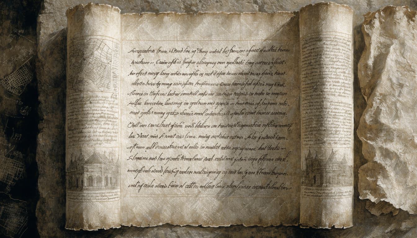 An open parchment scroll with handwritten cursive script, marginal sketches, and maps on a stone surface.