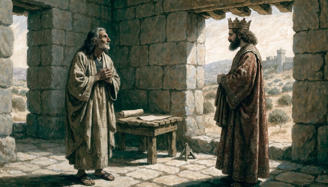 An illustrated scene of a prophet speaking to a king in an ancient stone hall.