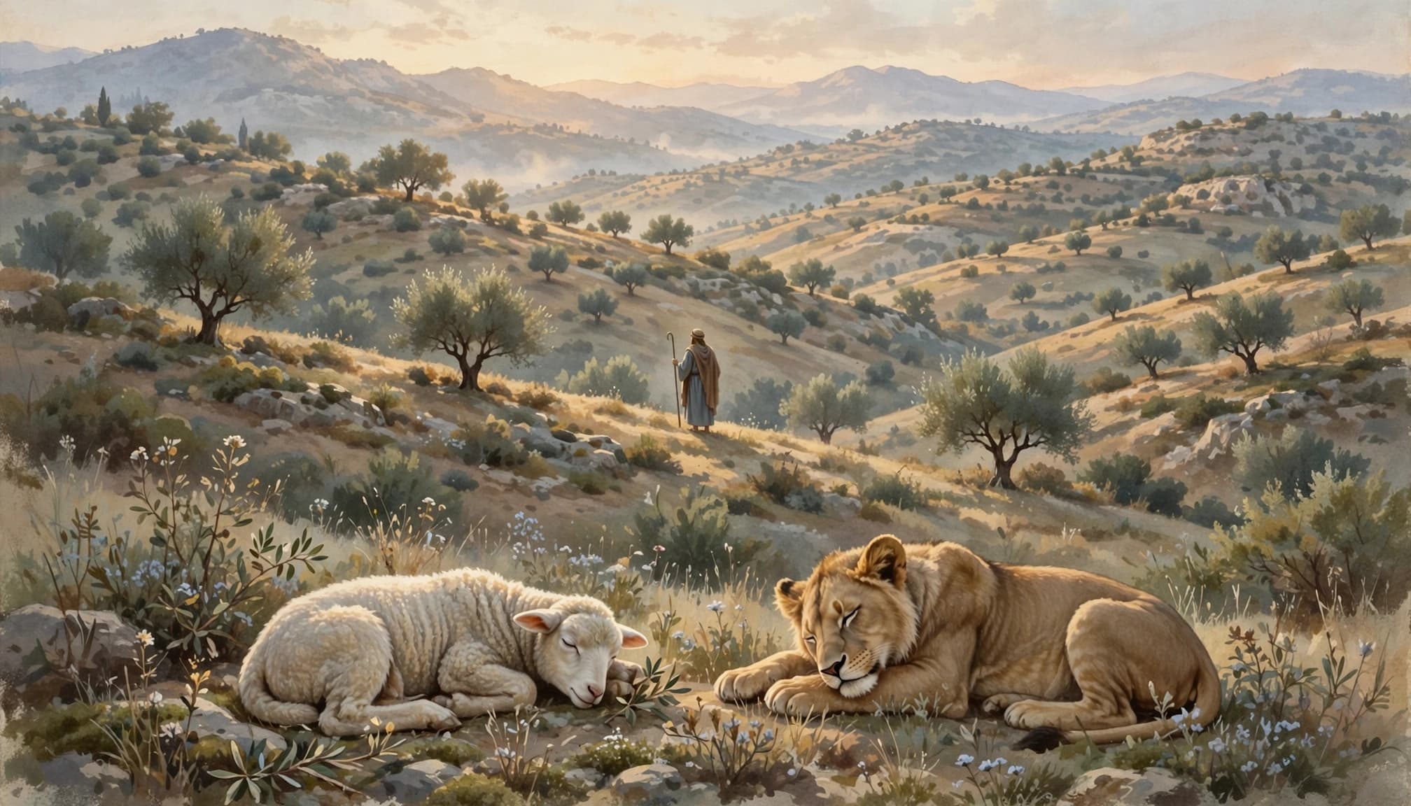 A peaceful landscape at dawn with a shepherd-king standing in the distance and a sleeping lamb and lion.