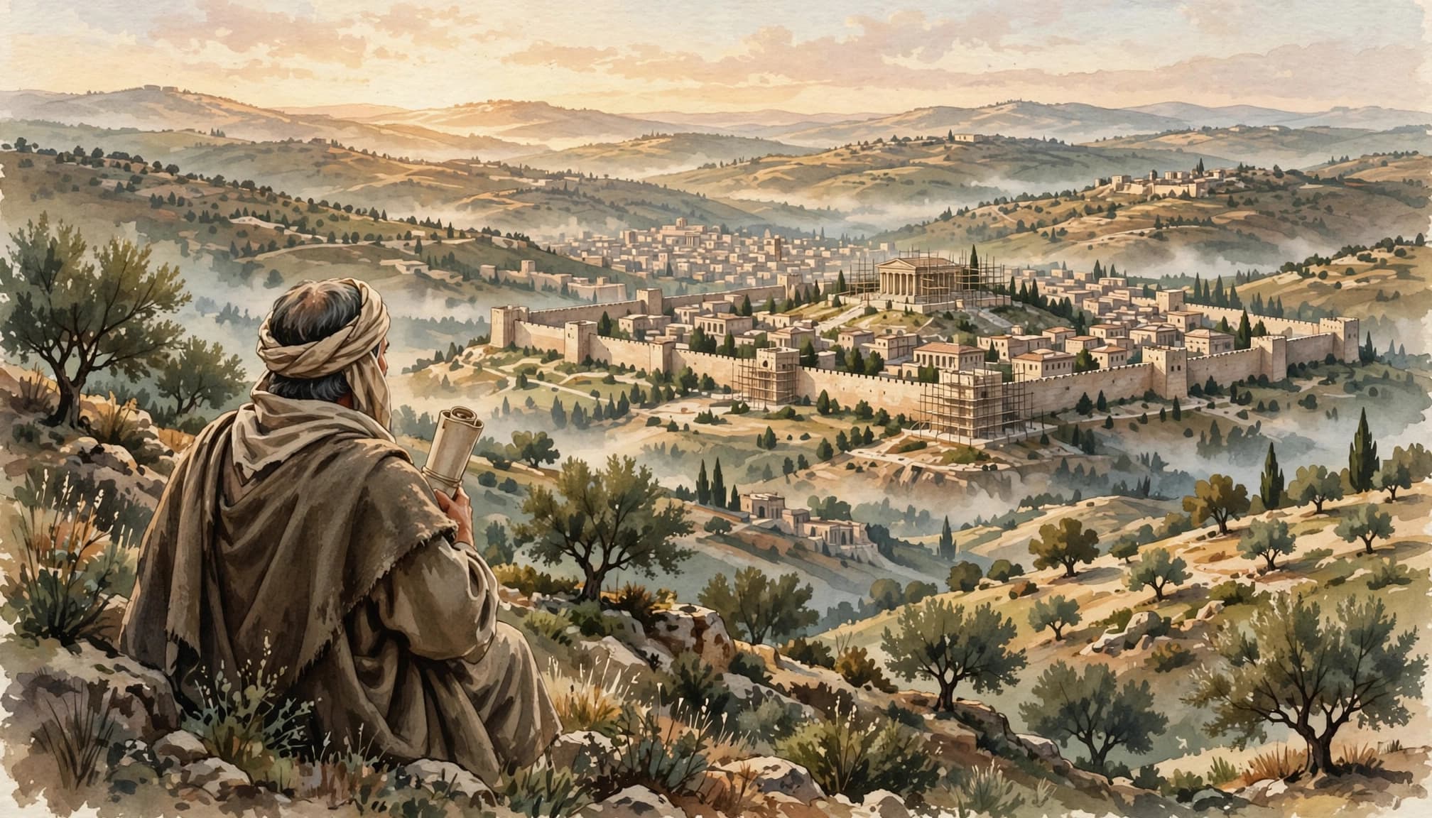 A robed figure looks out from a hillside at dawn toward a walled city in the distance.
