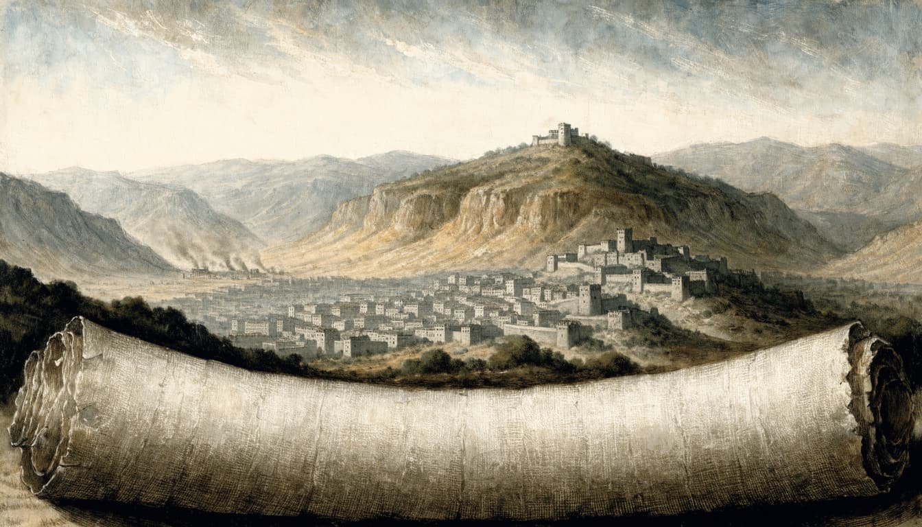 An illustrated landscape showing an ancient scroll in the foreground with a fortified city and hills behind it.