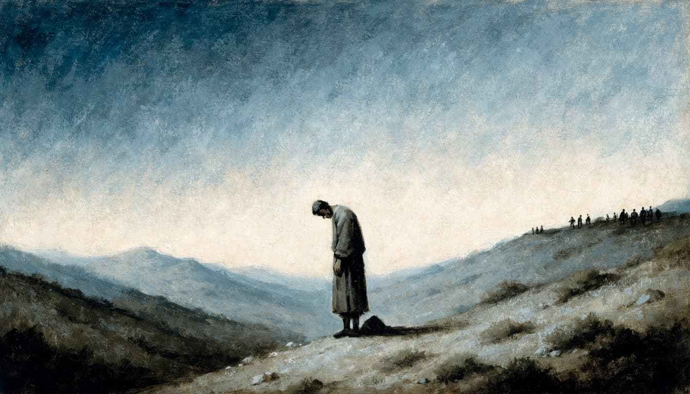 A solitary robed figure with a bowed head stands on a desolate hillside beneath a vast, hazy sky.