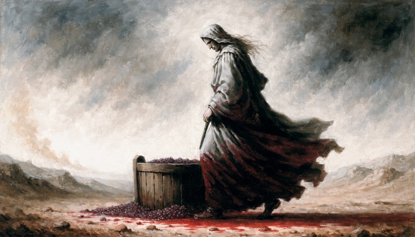 A robed figure in a stained garment stands beside a wooden winepress in a desolate landscape.