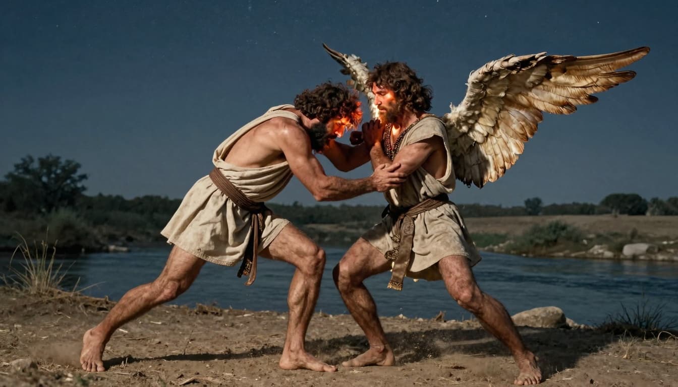 Jacob wrestling with the angel by the river at night.