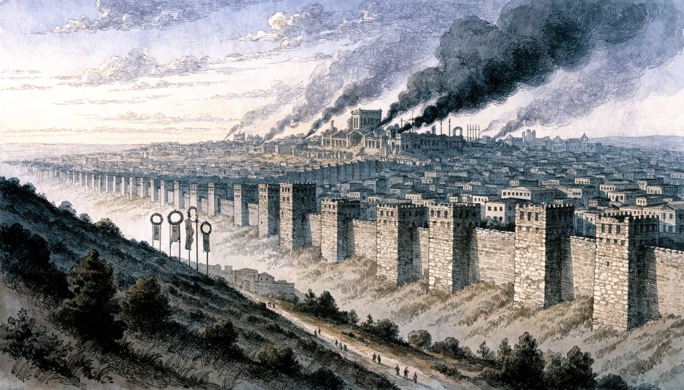 A watercolor and ink illustration of ancient Jerusalem with smoking ruins and Roman standards.
