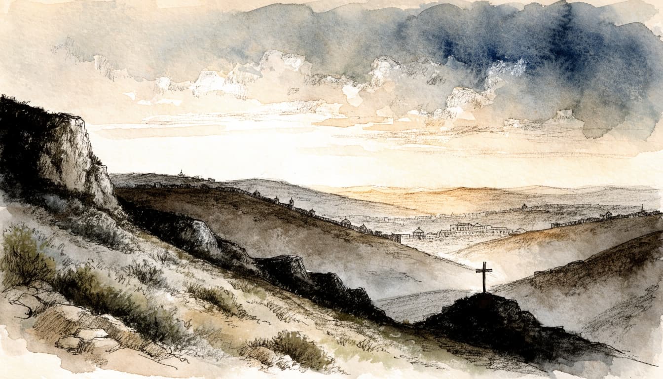 A watercolor and ink illustration of a solitary wooden cross on a hill overlooking an ancient city at dusk.