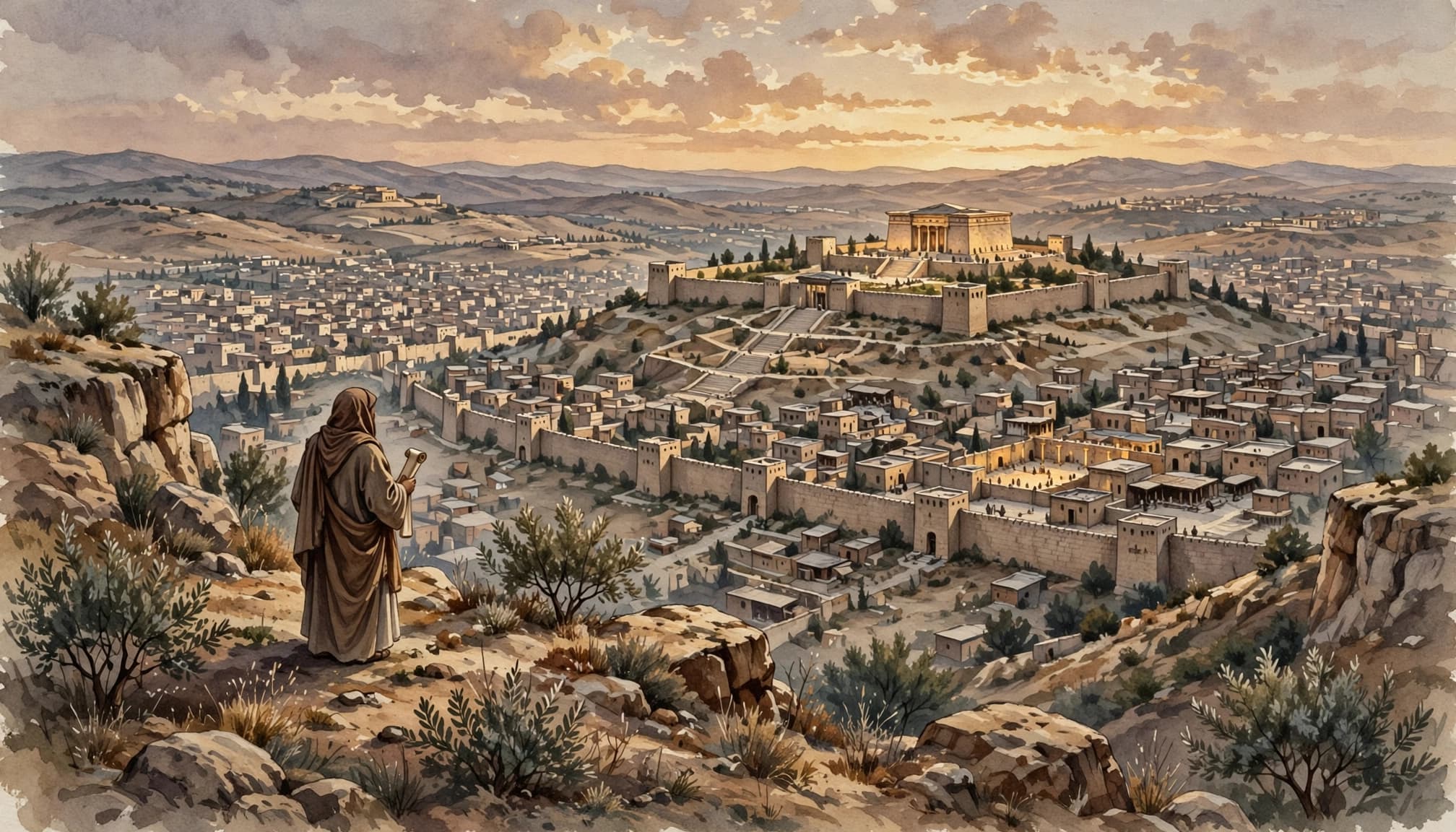 A robed figure stands on a rocky overlook, looking out over a watercolor-style ancient city and temple at sunset.