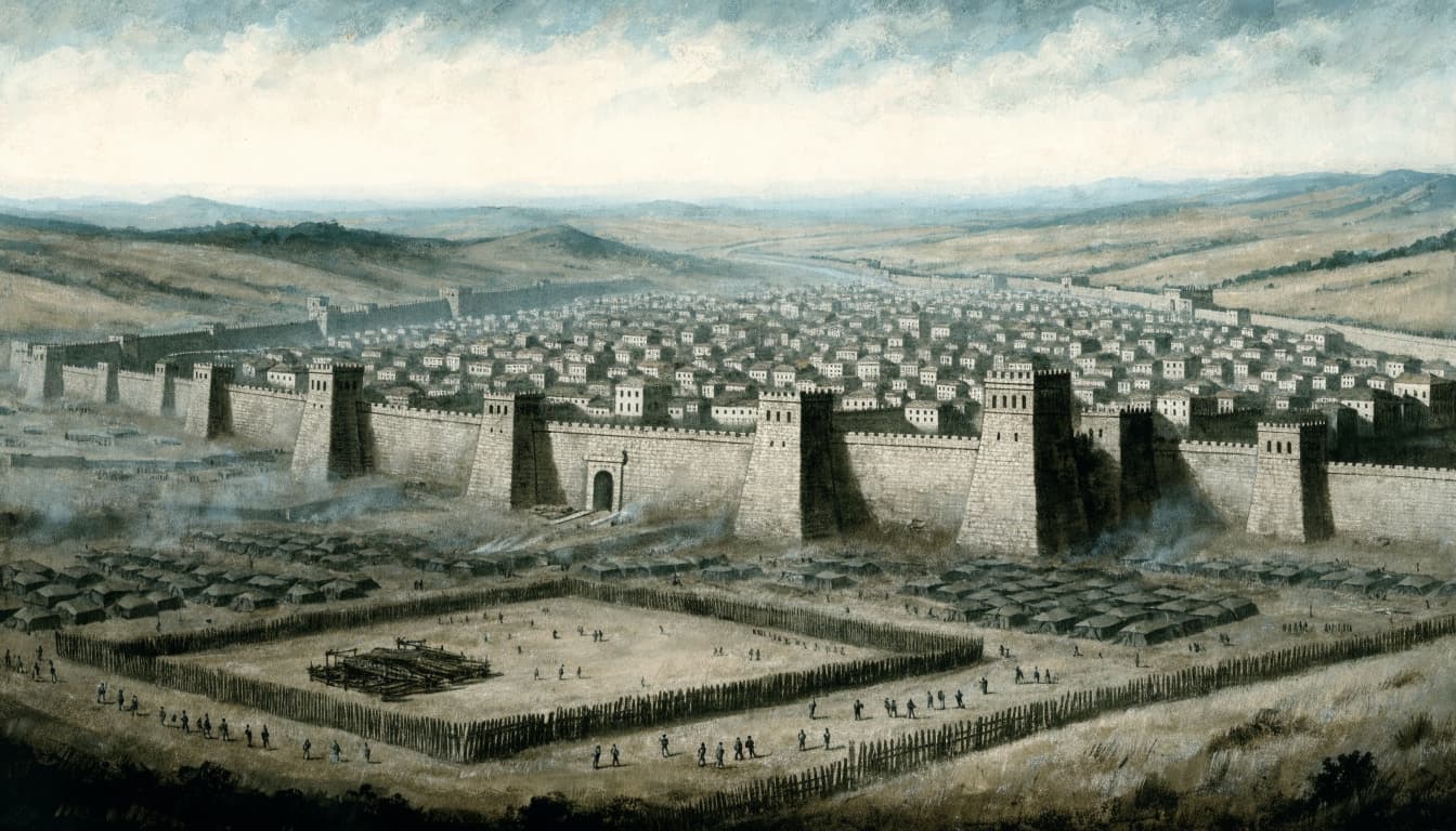 A historical landscape illustration of ancient Jerusalem surrounded by stone walls and tents.
