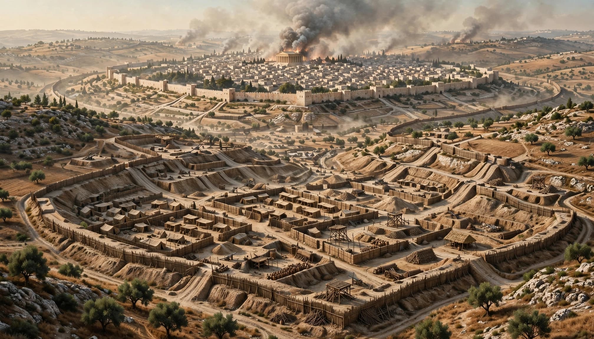 Roman siege works surround Jerusalem as smoke rises from the distant Temple.