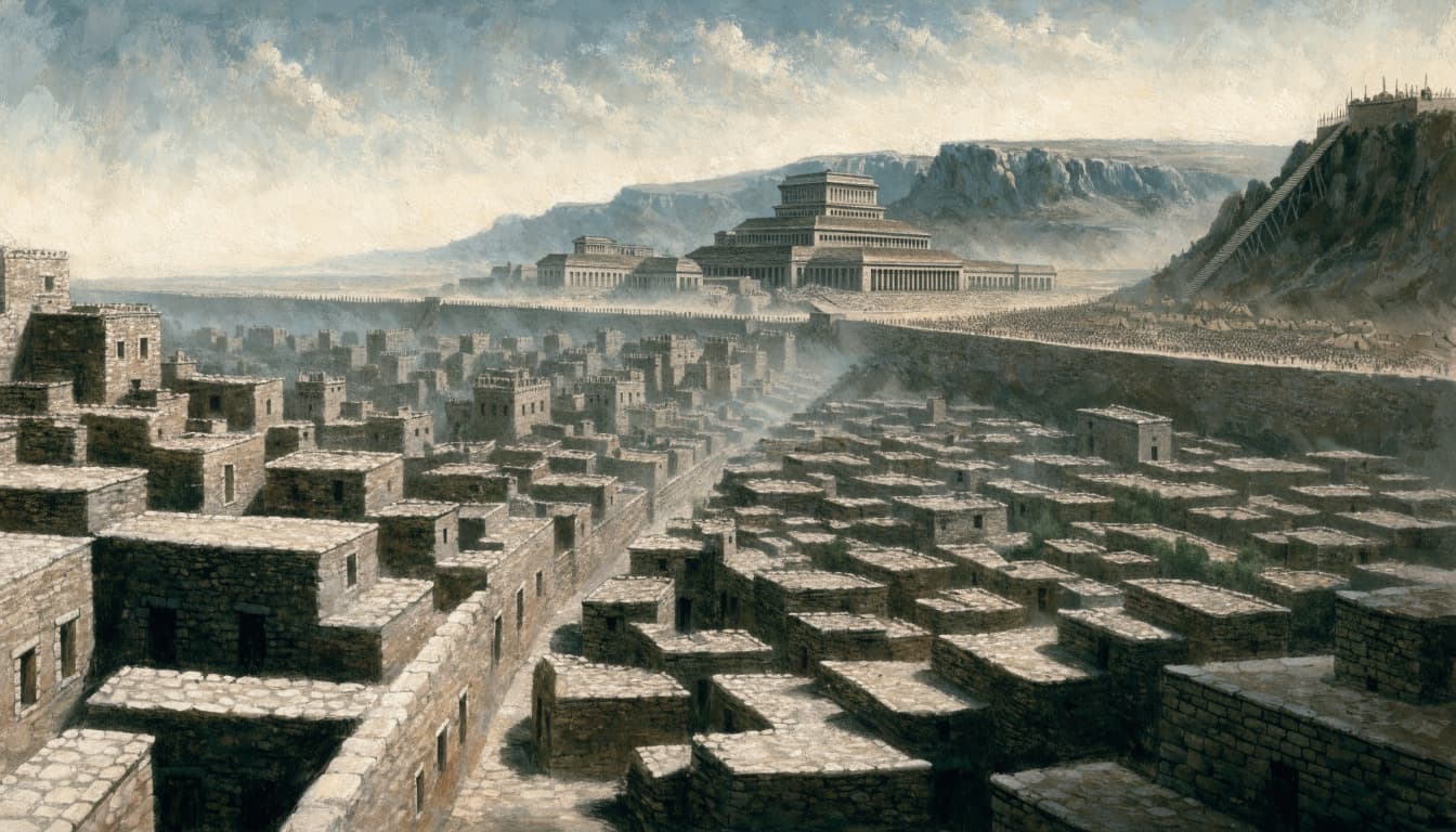 A historical painting of ancient Jerusalem during the Roman siege with the Second Temple.