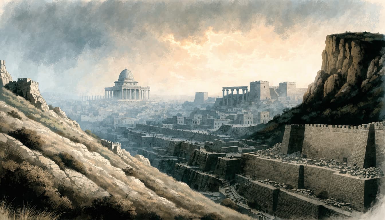 A wide historical illustration of ancient Jerusalem under a cloudy sky, viewed from a hillside.