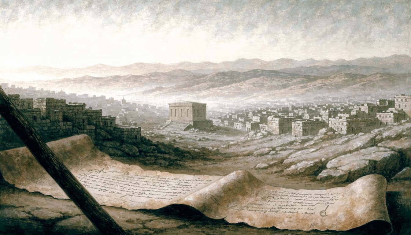 A historical illustration of an ancient sanctuary in Jerusalem with a scroll in the foreground.
