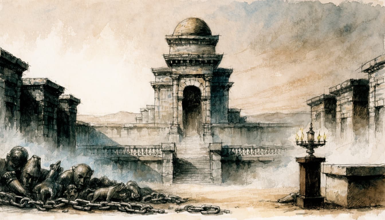 Watercolor and ink illustration of an ancient sanctuary with a lamp and discarded idols in the foreground.
