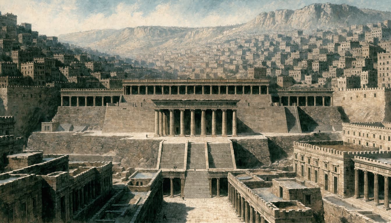 An archaeological illustration of Jerusalem's Second Temple with monumental courtyards and surrounding city.