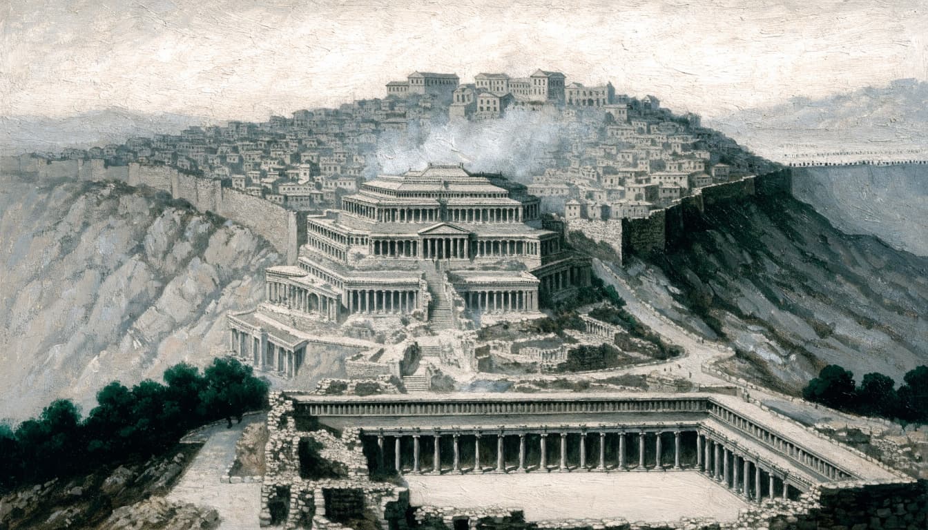 A hand-painted historical illustration of Jerusalem's Second Temple and surrounding city.
