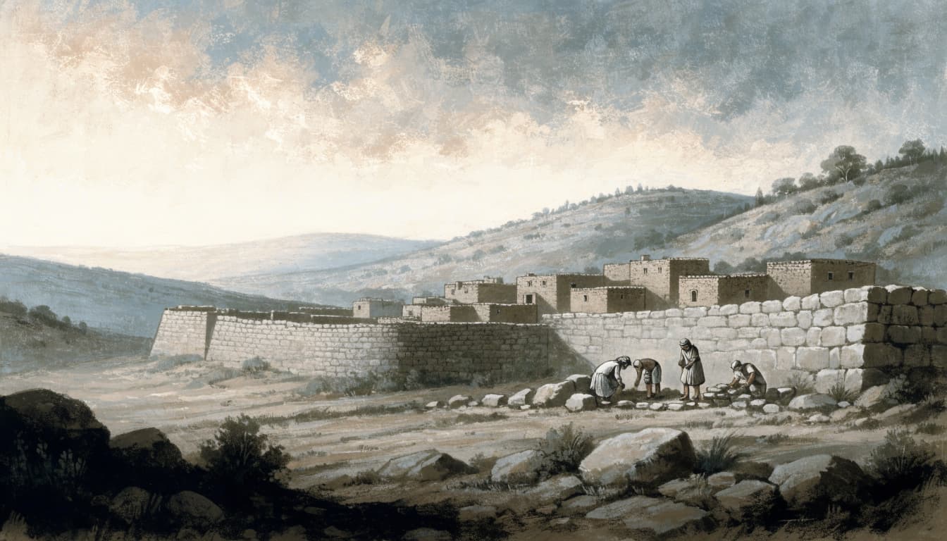 A hand-painted historical illustration of four people working on a stone wall in ancient Jerusalem.