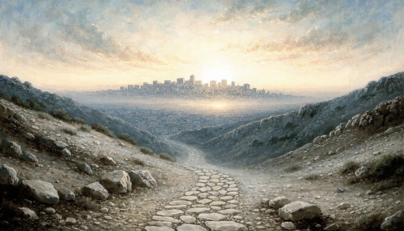 A stone path leads down between hills toward a distant city glowing in the sunrise.
