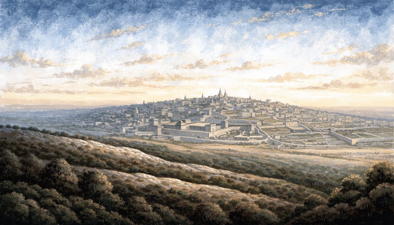 A hand-painted illustration of Jerusalem from the Mount of Olives at dusk.